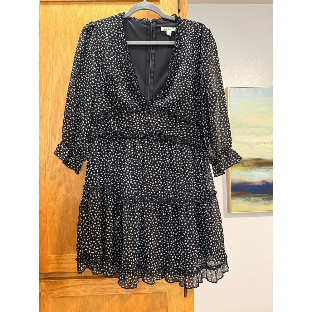 Miami Womens Black White Abstract Print Tiered Ruffle V Neck Mini Dress Large